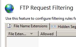 Image of F T P Request Filtering pane displaying File Name Extension tab.