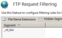 Screenshot of the F T P Request Filtering pane. The Hidden Segments tab is selected.