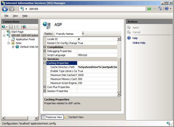 Screenshot that shows the A S P pane. Caching Properties is selected and expanded.