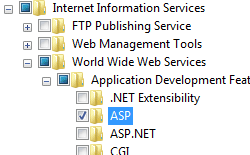 Screenshot of Internet Information Services and Application Development Features pane expanded with A S P selected.