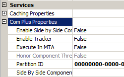 Screenshot of A S P pane displaying Com Plus Properties section highlighted.