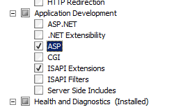 Screenshot of Select Role Services page showing Application Development node expanded and A S P selected.