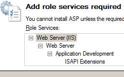 Screenshot of Add role services required by A S P dialog box with Web Server I I S selected.