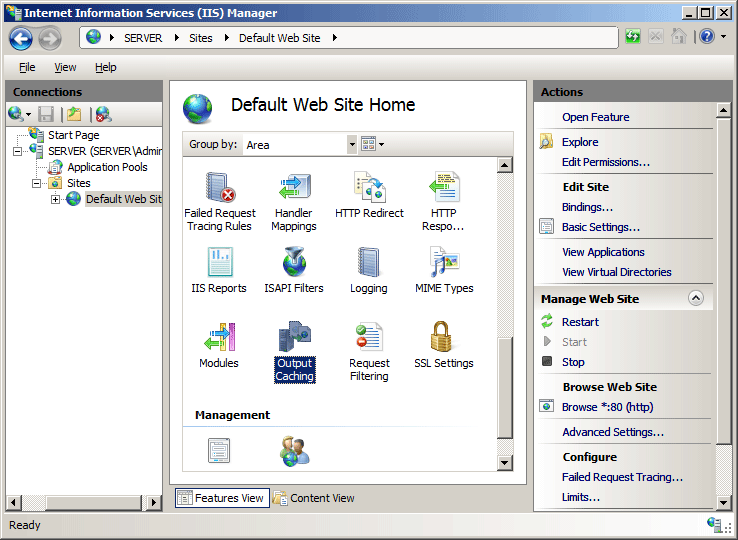 Screenshot of Output Caching selected in the Default Web Site Home pane.