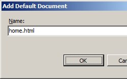 Screenshot of the Add Default Document dialog box. In the Name box, home dot h t m l is written.
