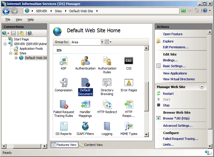 Screenshot of Default Document selected in the Default Web Site Home pane.