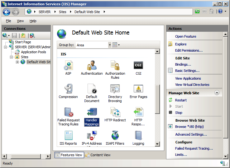 Screenshot that shows the Default Web Site Home pane, with Handler Mappings selected.
