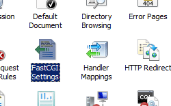 Screenshot shows the Home pane highlighting the Fast C G I Settings icon.