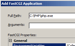 Screenshot shows the Add Fast C G I Application window with the Full Path and Arguments fields.