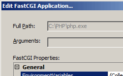 Screenshot shows the Edit Fast C G I application dialog box with Full Path and Arguments fields.