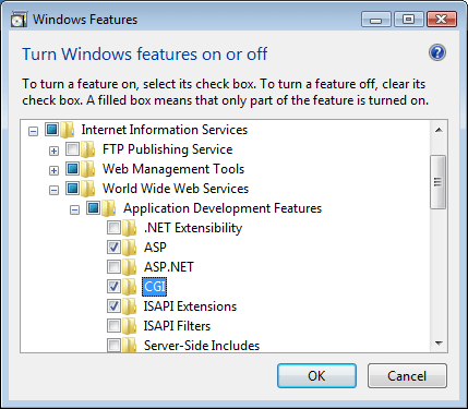Screenshot of the Windows Features dialog box. C G I is highlighted.