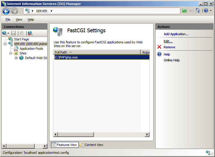 Screenshot of the P H P application selected in the Fast C G I Settings pane.