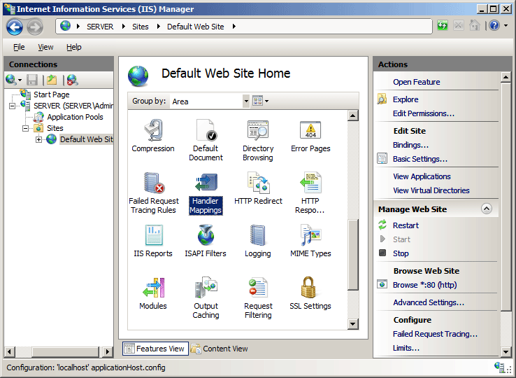 Screenshot of the I I S Manager displaying the Default Web Site Home page. The Handler Mappings icon is highlighted.