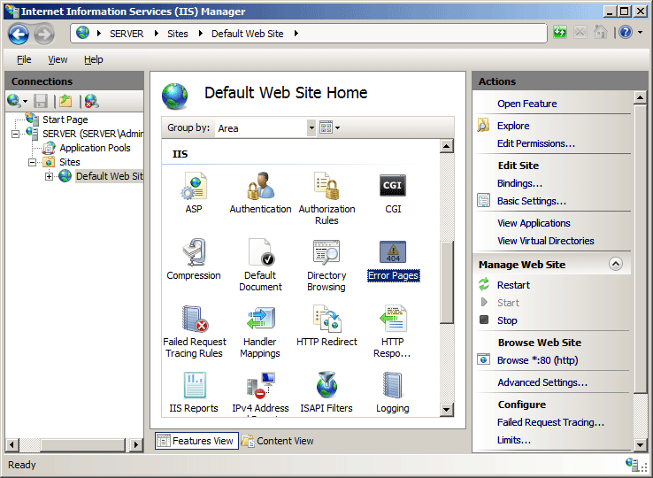 Screenshot of the Home pane with the Error Pages option being highlighted.