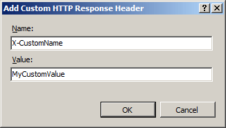 Screenshot of the Add Custom HTTP Response Header dialog box.