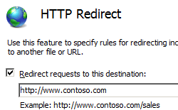 Screenshot of the H T T P Redirect pane. The box next to Redirect requests to this destination is checked.