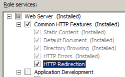 Screenshot of the Role Services section. H T T P Redirection is selected and highlighted.