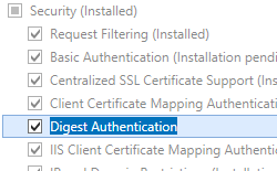 Image of Web Server and Security pane expanded with Digest Authentication selected.