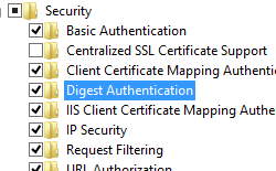 Screenshot of World Wide Web Services and Security pane expanded with Digest Authentication highlighted.