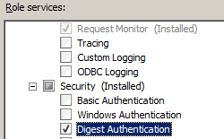 Image of Select Role Services page displaying Digest Authentication option selected.