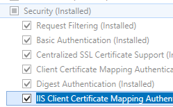 Screenshot that shows I I S Client Certificate Mapping Authentication selected for Windows Server 2012.