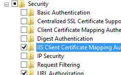 Screenshot that shows I I S Client Certificate Mapping Authentication selected for Windows 8.