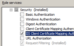 Screenshot that shows I I S Client Certificate Mapping Authentication selected for Windows Server 2008.