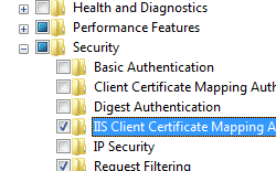 Screenshot that shows I I S Client Certificate Mapping Authentication selected for Windows Vista or Windows 7.