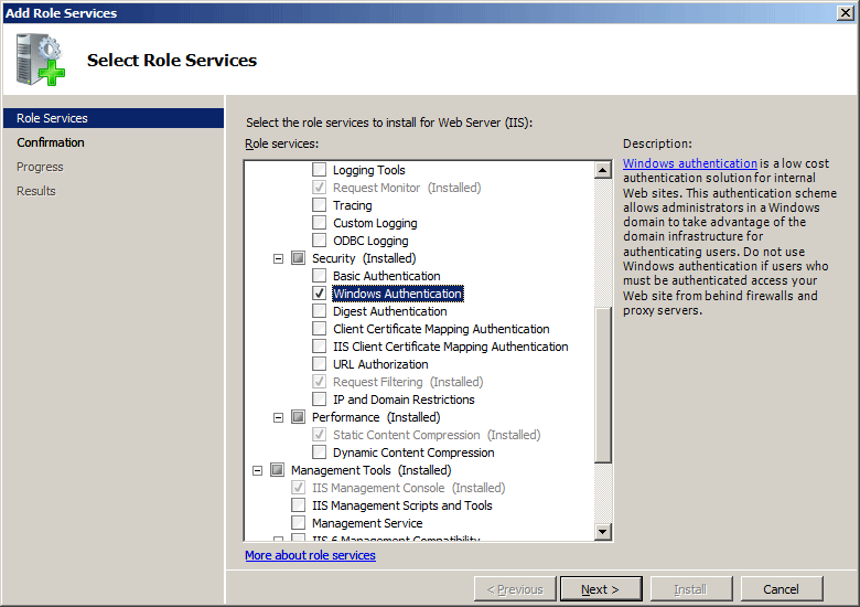 Screenshot of the Add Role Services Wizard showing the selected and highlighted Windows Authentication option.