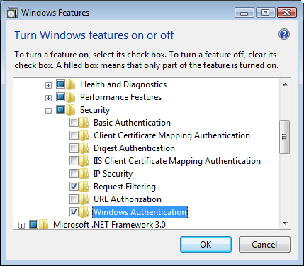 Screenshot of the Security folder being expanded, showing the Windows Authentication folder being selected and highlighted.