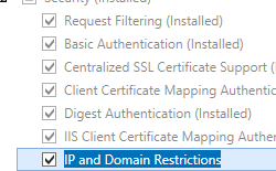 Screenshot that shows I P and Domain Restrictions selected for Windows Server 2012.
