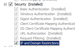 Screenshot that shows I P and Domain Restrictions selected for Windows Server 2008.