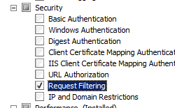 Screenshot of World Wide Web Services and Security pane expanded with Request Filtering selected.