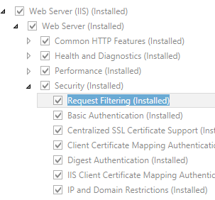 Screenshot of Request Filtering selected in a Windows Server 2012 interface.