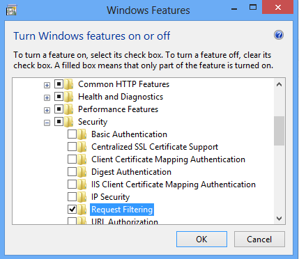 Screenshot of the Windows Features dialog box. Request Filtering is highlighted in the expanded Security menu.