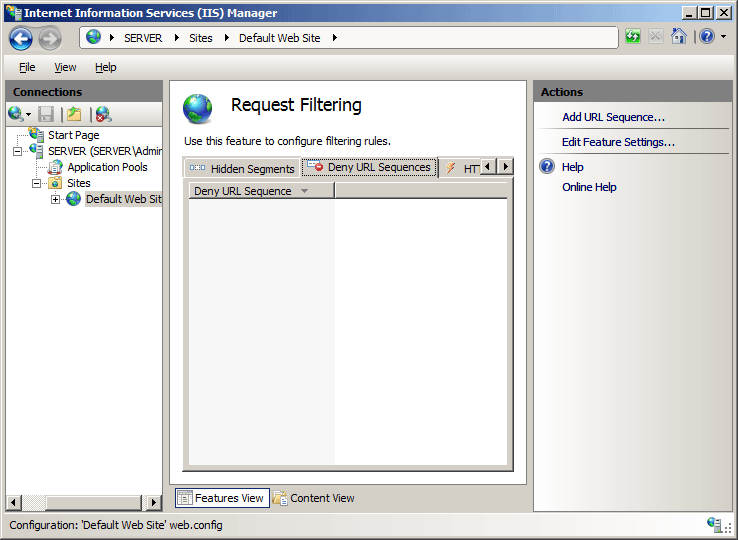 Screenshot of the I I S Manager window showing Request Filtering in the main pane.