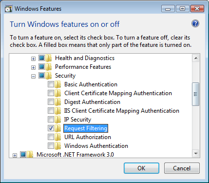 Screenshot of the Windows Vista or Windows 7 Features dialog. Request Filtering is highlighted.