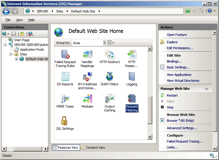 Screenshot of the Default Web Site Home pane showing the Request Filtering option being highlighted.