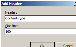 Screenshot of Add Header dialog box with fields for H T T P Header and Size limit.