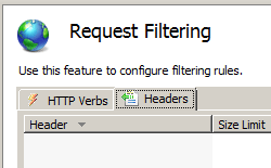 Screenshot of Request Filtering pane and Headers tab with Add Header displayed in the Actions pane.