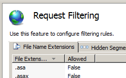 Screenshot of the Request Filtering screen, showing the File Name Extensions and Hidden Segment tab.