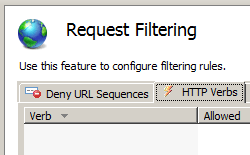Screenshot shows Request Filtering pane with H T T P verbs tab and Deny Verb option in Actions pane.
