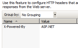 Screenshot that shows the H T T P Response Headers pane in the I I S Manager.