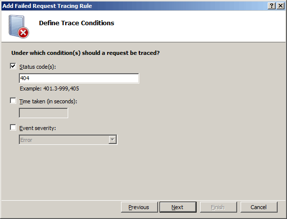 Screenshot of the Add Failed Request Tracing Rule wizard displaying the Define Content to Trace page.
