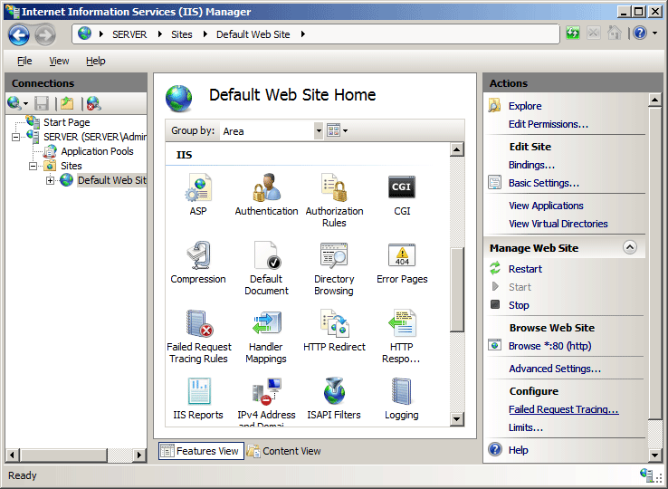 Screenshot of the I I S Manager window displaying the Default Web Site Home page.