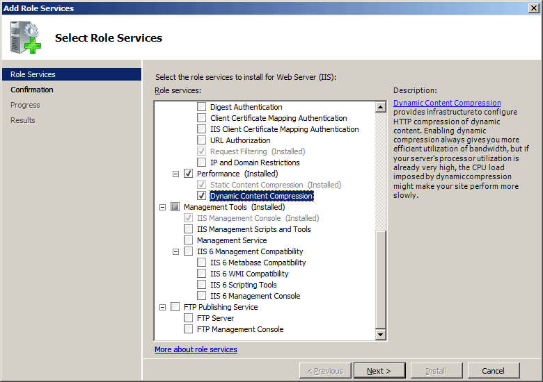 Screenshot of the Add Role Services Wizard with Static Content Compression and Dynamic Content Compression selected.