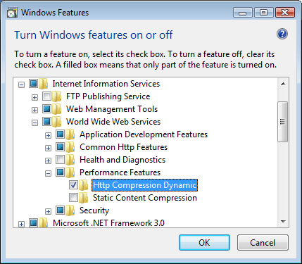 Screenshot of the Windows Features dialog with Http Compression Dynamic selected.