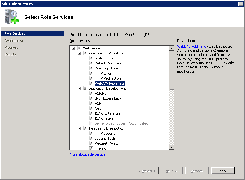 Screenshot that shows Web DAV Publishing selected for Windows Server 2008 in the Add Role Services wizard.