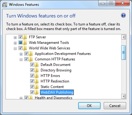 Screenshot of the Turn Windows features on or off wizard with a focus on the WebDAV Publishing folder within the World Wide Web Services and Common H T T P folders.