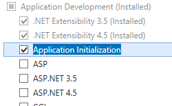 Screenshot of Web Server and Application Development node expanded in Server Roles page with Application Initialization selected.